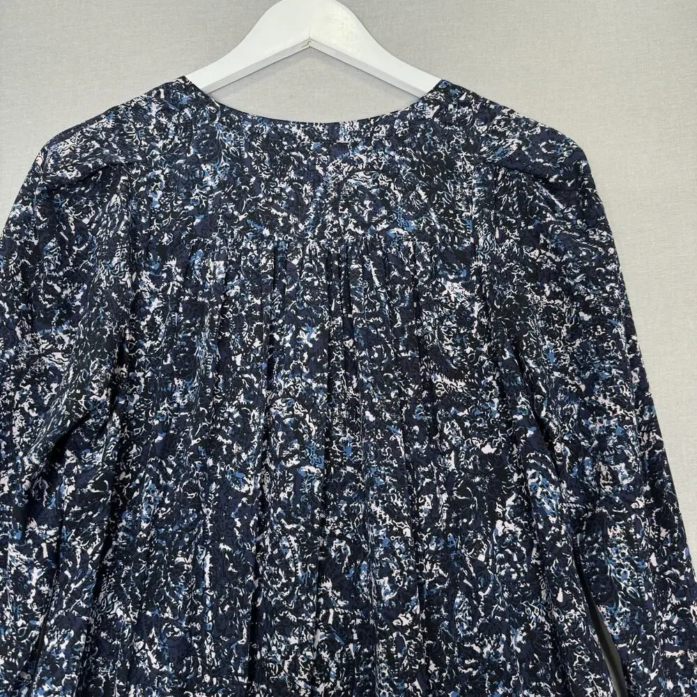 Rebecca Taylor 100% Silk Dress Womens 2 Blue Printed Cinched Tassel Puff‎ Sleeve
